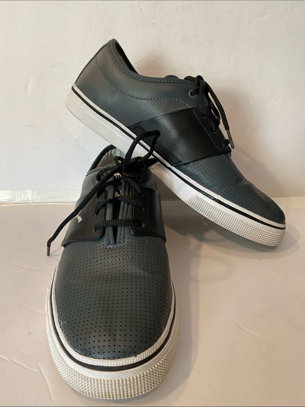Puma Men’s Gray and Black El Ace Textured Perforated Leather Lace-Up Sneakers - Picture 3 of 8